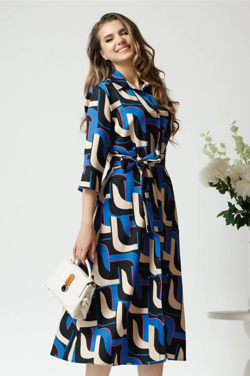 Rochie office cu imprimeu geometric albastru si cordon in talie