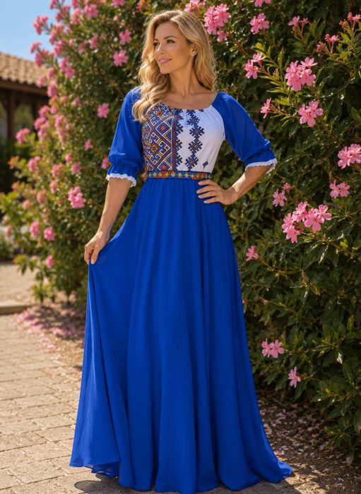 Rochie stilizata cu motive traditionale lunga Magdalena