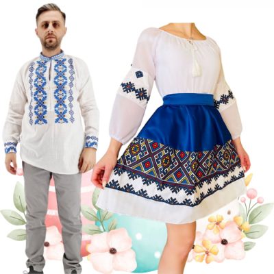 Set Cuplu 480  Camasa Traditionala si Rochie Stilizata cu motive traditionale