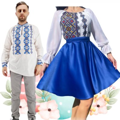 Set Cuplu 482  Camasa Traditionala si Rochie Stilizata cu motive traditionale