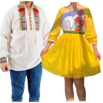 Set Cuplu 573  Camasa Traditionala si Rochie Stilizata cu motive traditionale