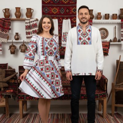 Set Cuplu 645   Camasa Traditionala si Rochie Stilizata cu motive traditionale