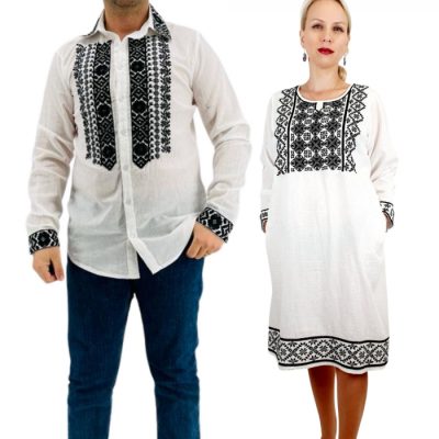 Set Cuplu Traditional 232   Camasa Traditionala si Rochie cu motive traditionale
