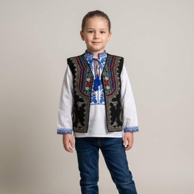 Vesta neagra traditionala pentru copii cu broderie colorata Marin 8